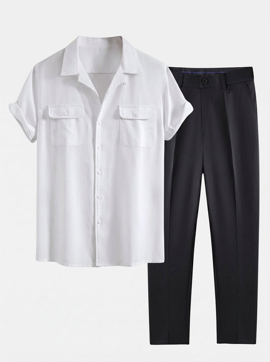 Men’s Relaxed Summer Shirt and Trousers Set – Cuban Collar Smart Casual Outfit