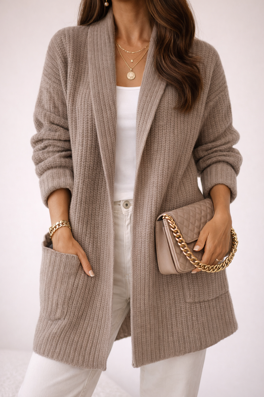 Women’s Oversized Cardigan – Ribbed Shawl-Collar Cardigan with Pockets