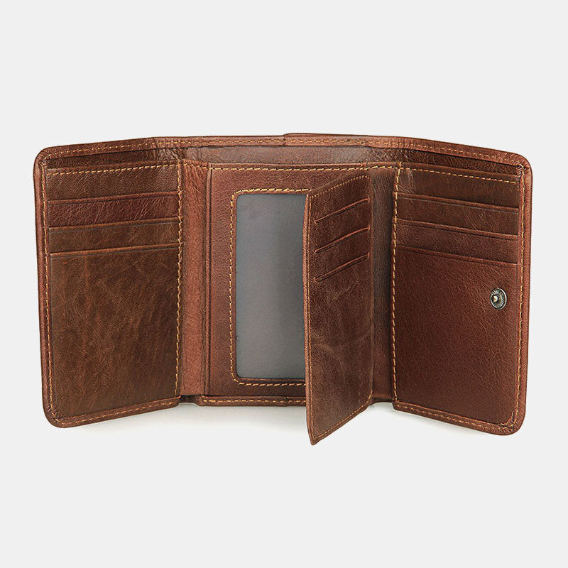 Men’s Genuine Leather RFID Trifold Wallet – Vintage Compact Card Holder with Secure Fold Closure