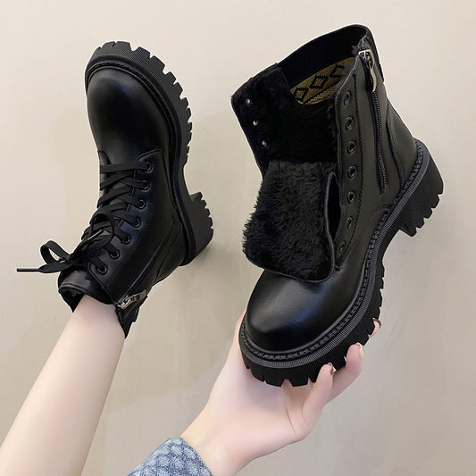 Women's Faux Fur Lined Lace-Up Chunky Chelsea Boots