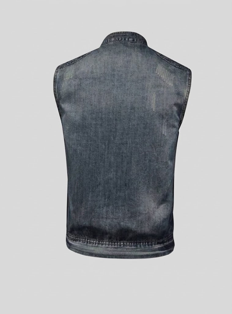 Men’s Distressed Denim Biker Vest – Zip-Front Sleeveless Layer with Quilted Shoulders and Chest Pockets