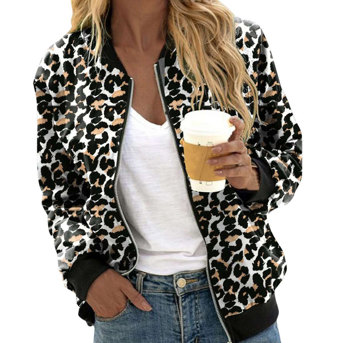 Women’s Leopard Print Bomber Jacket – Lightweight Zip-Front Layer with Ribbed Trim for Casual Streetwear Styling