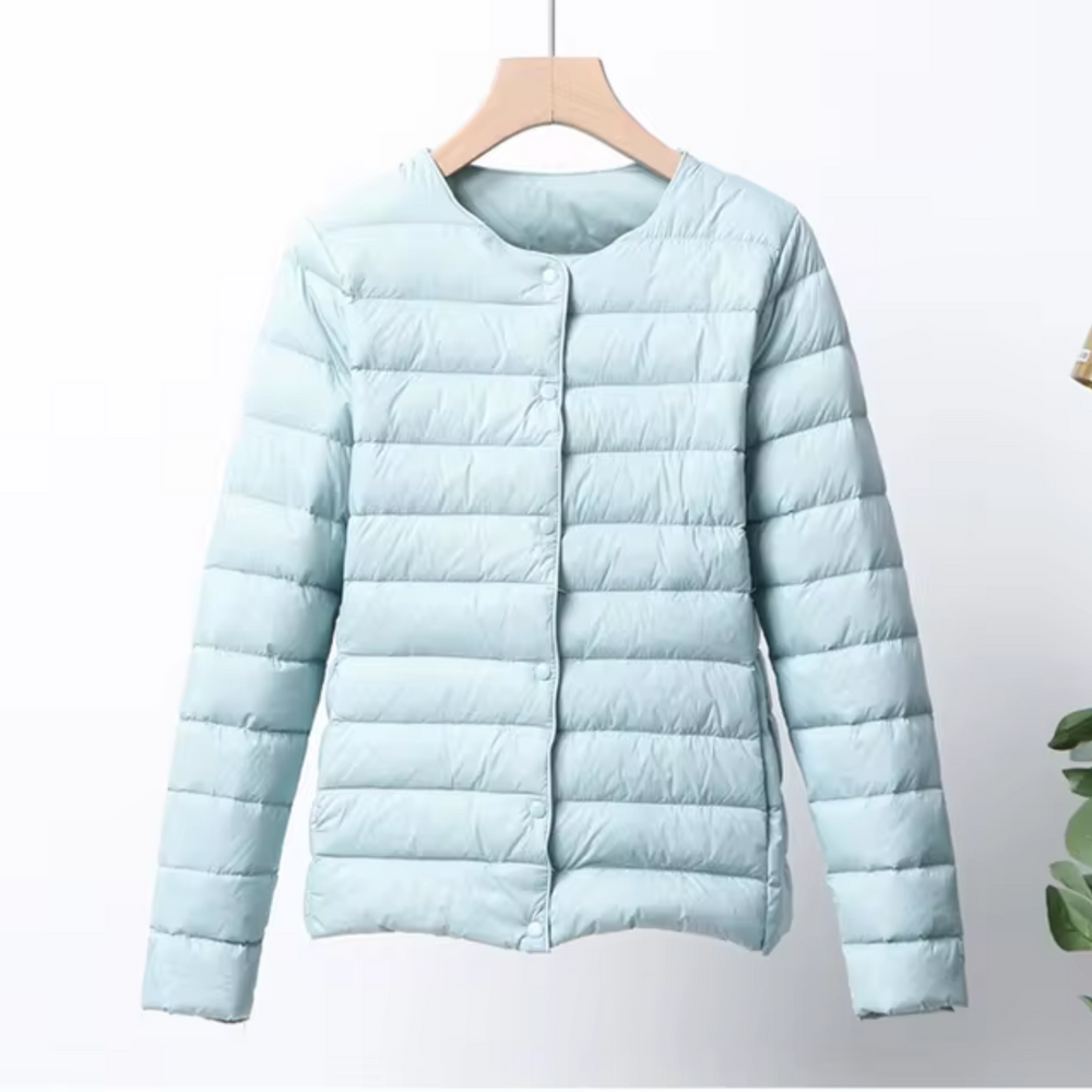 Women’s Lightweight Quilted Down Jacket – Collarless Layer for Transitional Weather