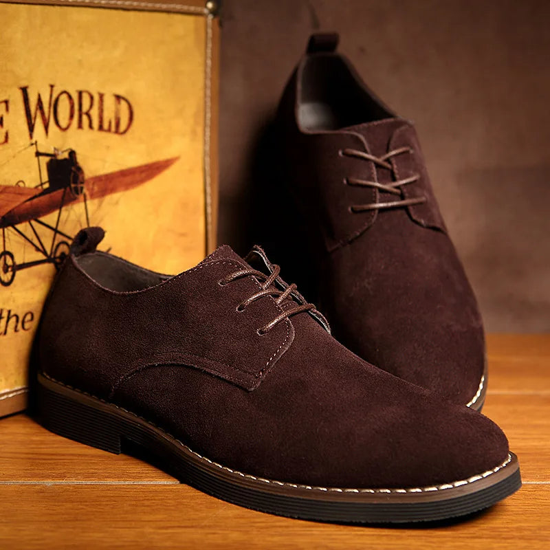 Men’s Suede Derby Shoes – Classic Lace-Up Design with Plain Toe and Contrast Welt Stitching