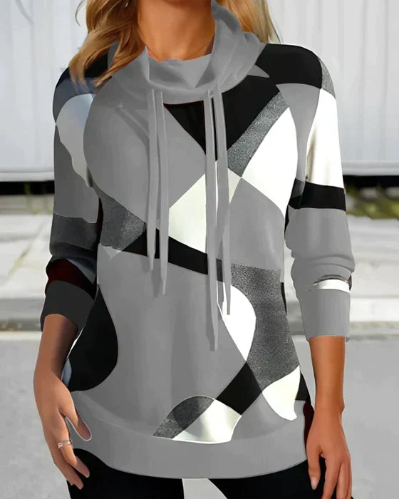 Women’s Abstract Colour-Block Cowl-Neck Sweatshirt – Relaxed Pullover for Stylish Everyday Wear