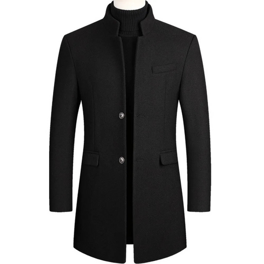 Men’s Stand-Collar Longline Overcoat – Tailored Button-Front Layer with Structured Pockets