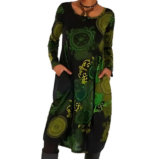 Women’s Midi Dress – All-Over Print with Patch Pockets and Long Sleeves
