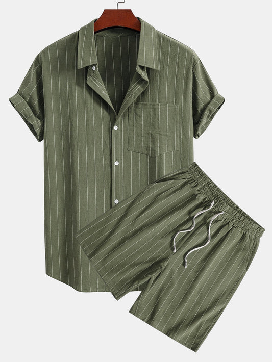 Men’s Linen Button-Up Shirt and Drawstring Shorts – Lightweight Holiday Co-Ord