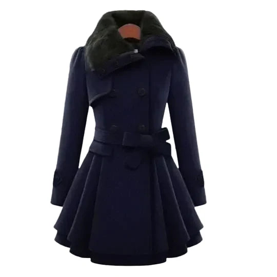 Women’s Faux-Fur Collar Fit-and-Flare Coat – Belted Tailored Layer for Elegant Winter Styling