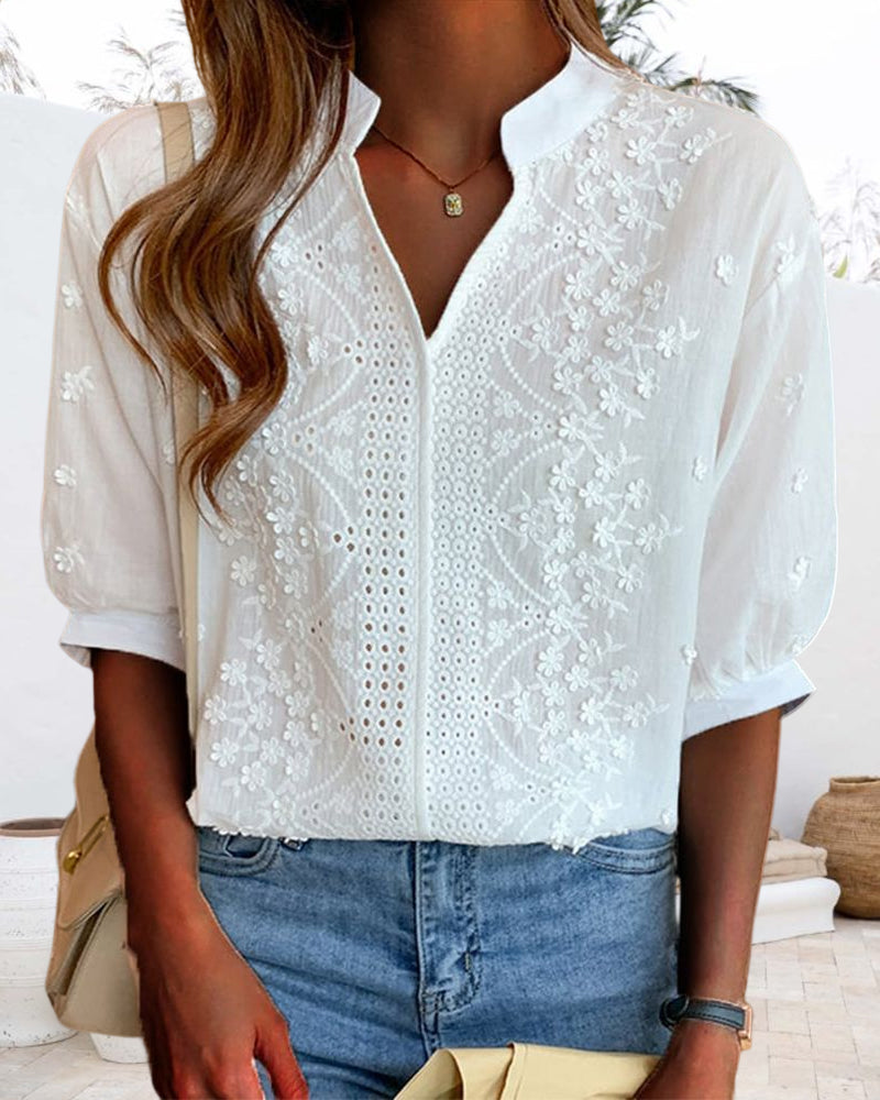 Women’s Embroidered Puff-Sleeve Blouse – Relaxed Summer Top for Smart Casual Wear