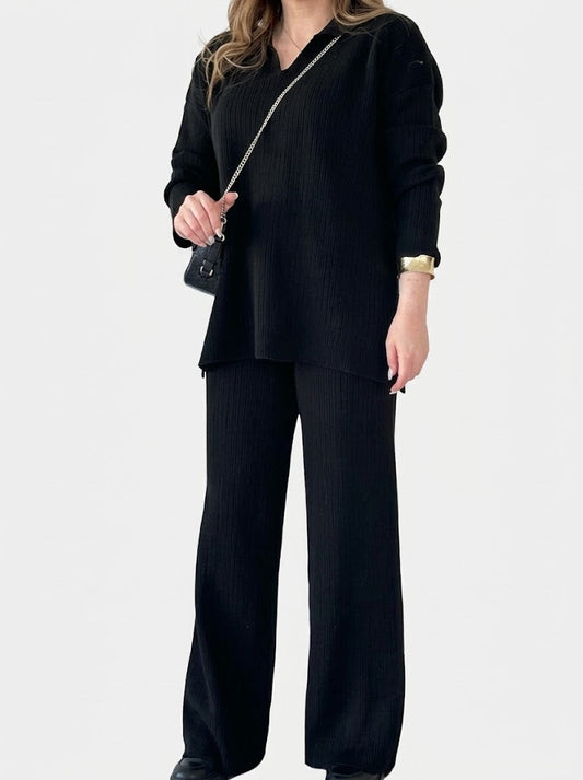 Women’s Ribbed Knit Co-Ord Set – Relaxed V-Neck Tunic Top with Wide-Leg Trousers for Everyday Lounge Wear
