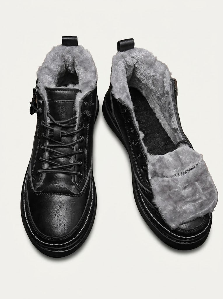 Men’s Fur-Lined Leather Ankle Boots – Lace-Up Platform Winter Boots for Everyday Wear