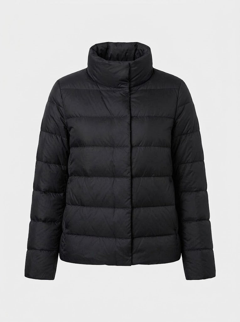 Women’s Lightweight Down Puffer Jacket – Short Stand-Collar Insulated Layer for Refined Winter Styling