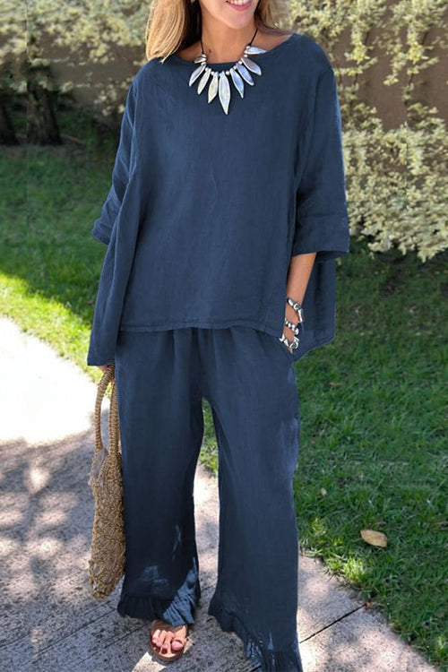 Women’s Cotton-Linen Two-Piece Set – Relaxed Three-Quarter Sleeve Top with Ruffle-Hem Wide-Leg Trousers