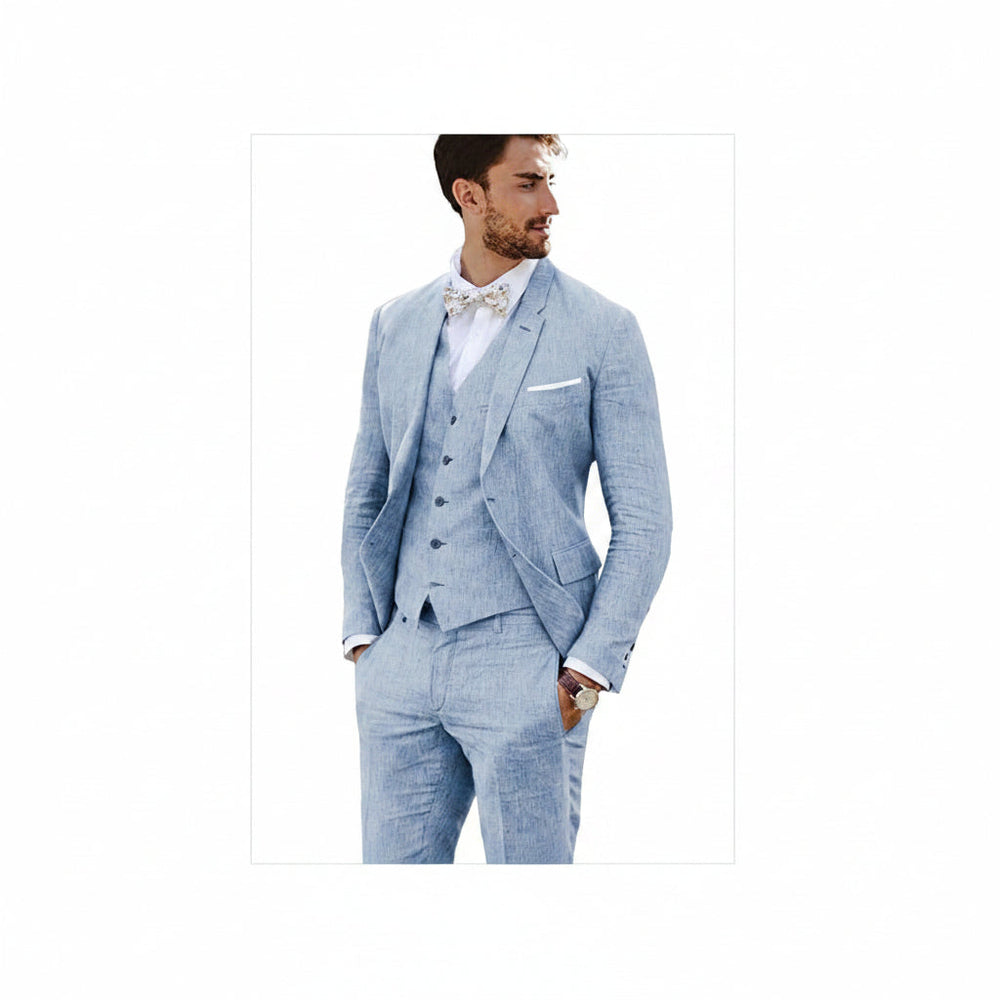 Men’s Tailored Linen Suit Set – Slim Three-Piece Style for Weddings and Formal Events