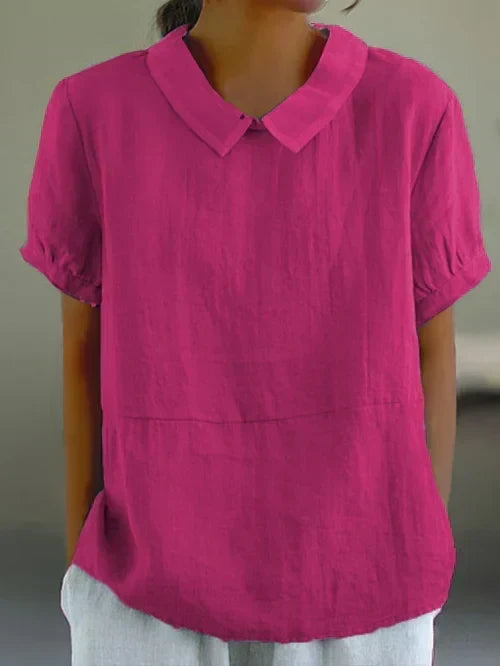 Women’s Cotton-Linen Collared Blouse – Relaxed Short-Sleeve Style for Warm Everyday Wear