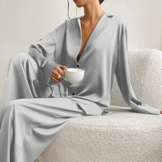 Women’s Relaxed Pyjama Co-Ord Set – Button-Up Long-Sleeve Shirt with Wide-Leg Trousers for Sleep and Lounge Wear