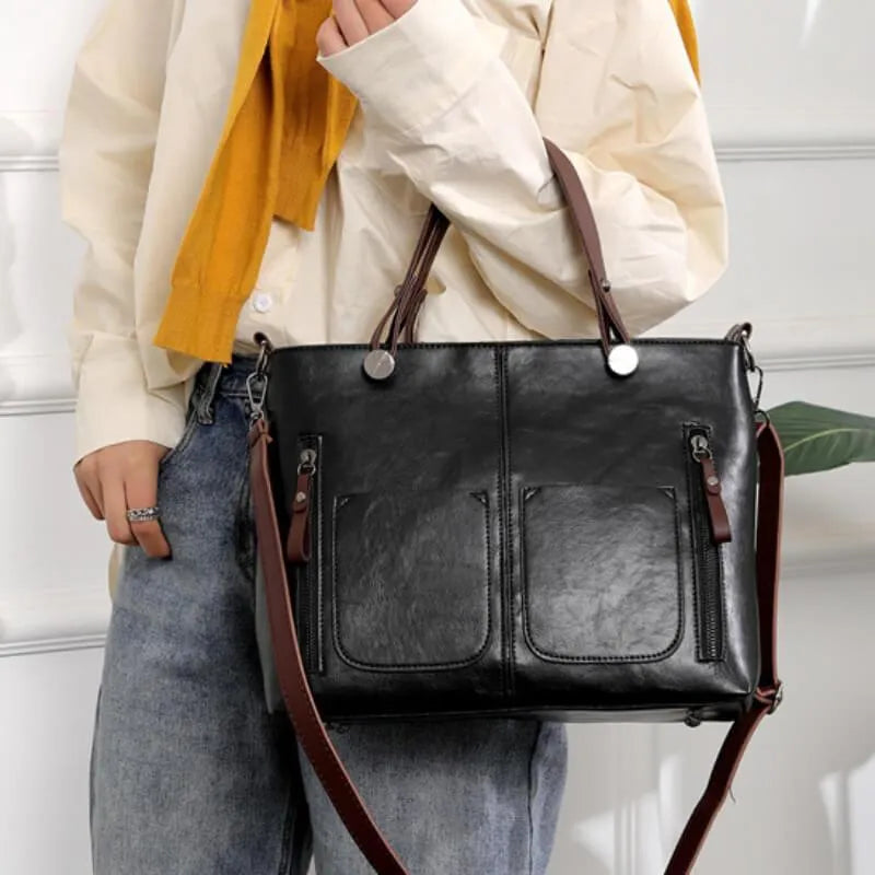 Women’s Genuine Leather Tote Bag – Multi-Pocket Handbag for Work and Everyday Carry