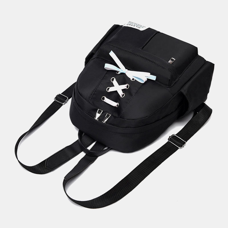 Women’s Bow-Detail Nylon Backpack – Compact Multi-Pocket School Bag with Adjustable Shoulder Straps