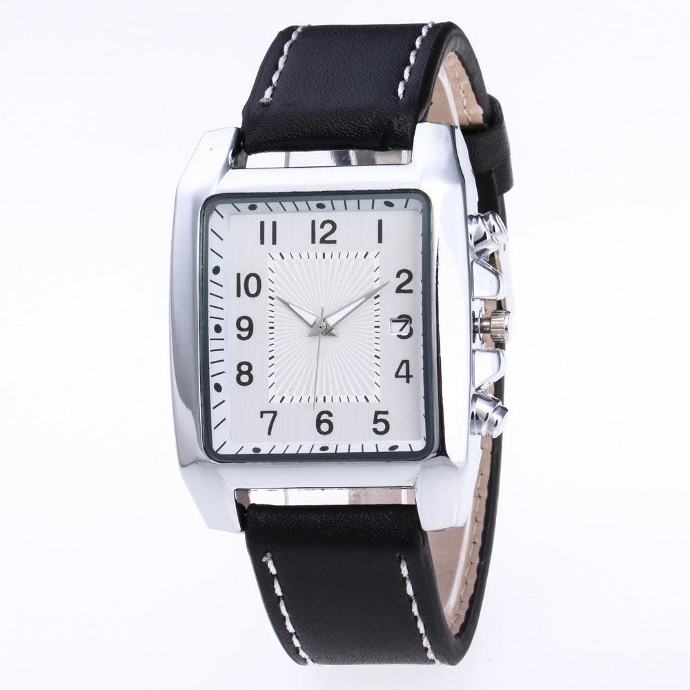 Men’s Rectangular Leather-Strap Watch – Refined Date Display Timepiece for Smart Everyday Wear