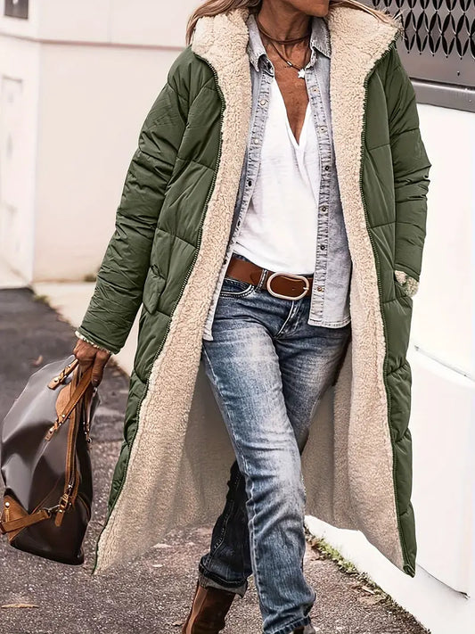 Women’s Reversible Sherpa Fleece Puffer Coat – Warm Hooded Longline Winter Layer