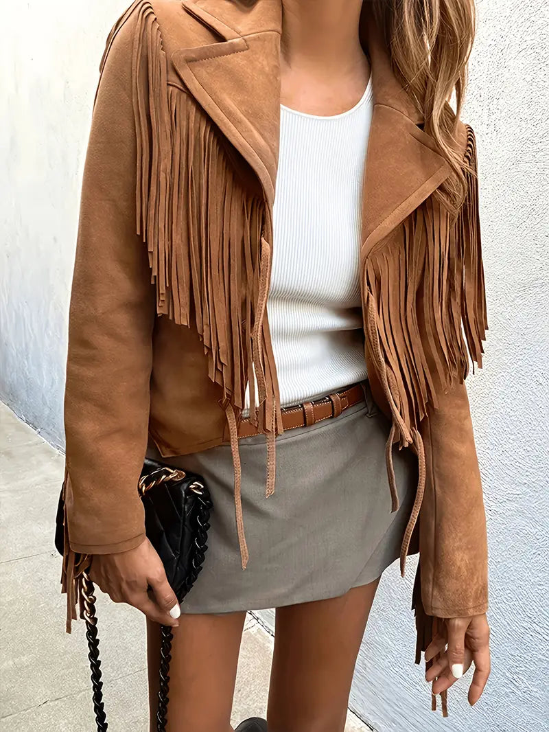 Women’s Brown Cropped Jacket – Fringed Sleeves and Hem