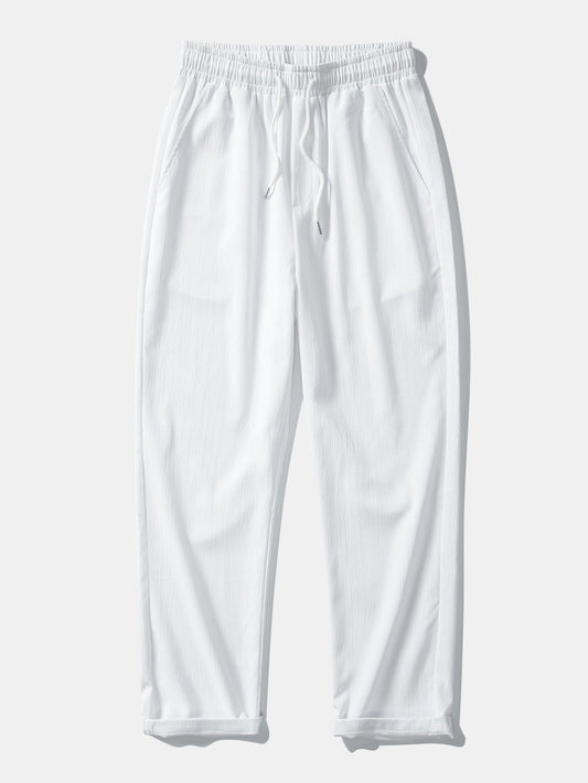 Men’s Textured Straight-Leg Trousers – Drawstring Casual Pants for Travel and Daily Wear