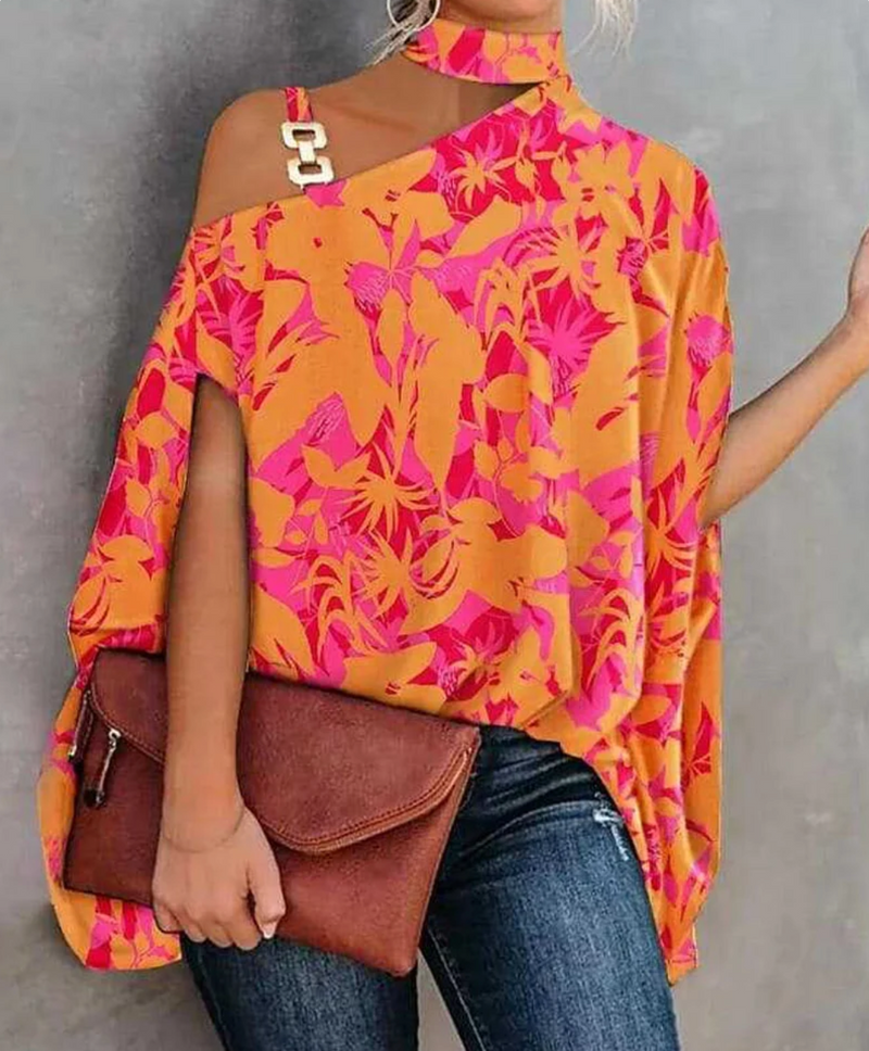 Women’s Asymmetric Choker Top – Printed Draped Blouse for Parties and City Wear