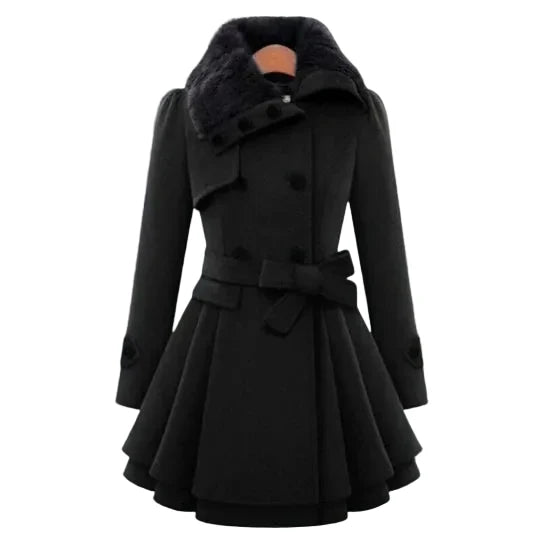 Women’s Faux-Fur Collar Fit-and-Flare Coat – Belted Tailored Layer for Elegant Winter Styling