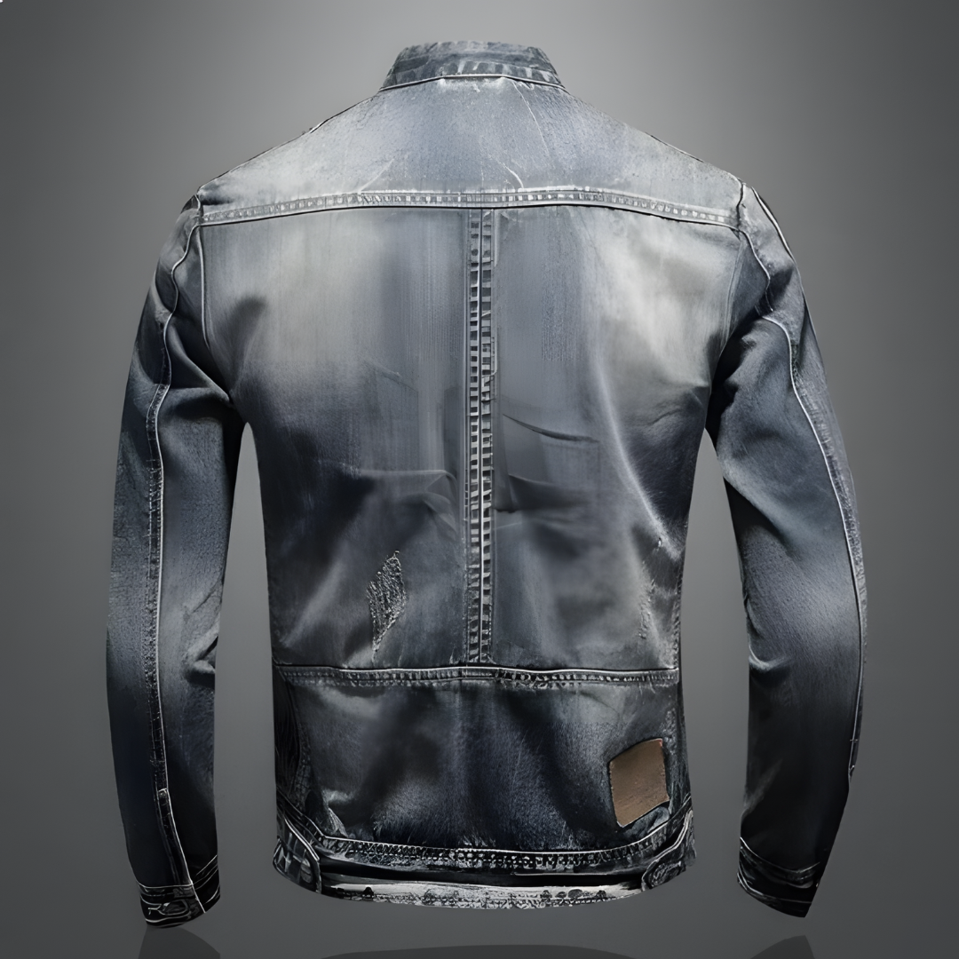 Men’s Vintage Denim Biker Jacket – Distressed Zip-Front Layer with Stand Collar and Multi-Zip Pockets