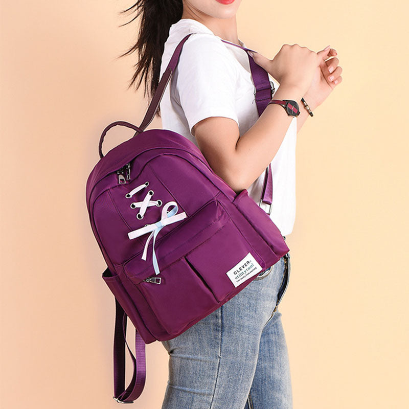 Women’s Bow-Detail Nylon Backpack – Compact Multi-Pocket School Bag with Adjustable Shoulder Straps