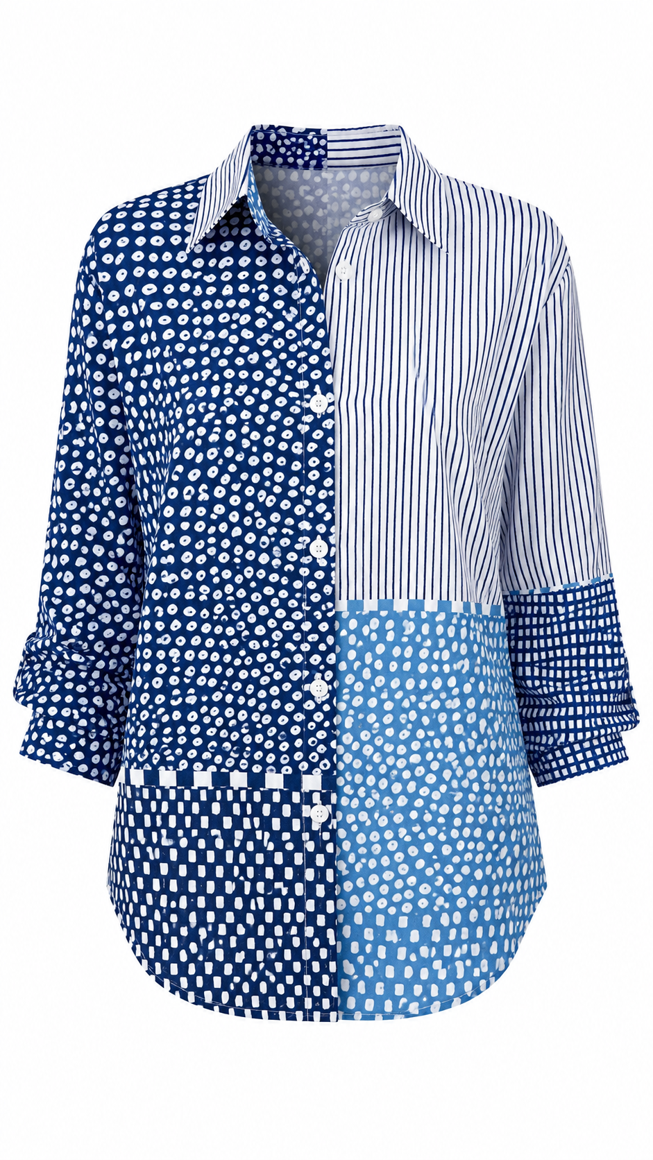 Women’s Printed Relaxed-Fit Blouse – Button-Up Three-Quarter Sleeve Top for Everyday and Holiday Wear