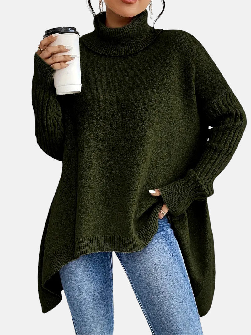 Women’s Oversized Roll-Neck Jumper – Batwing Sleeve Jumper with Dipped Hem