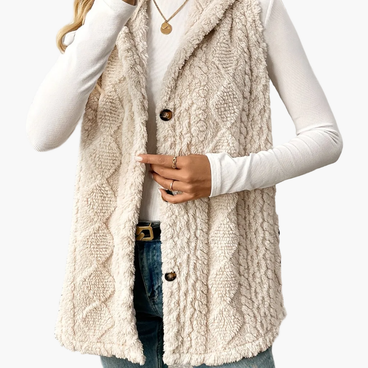 Women’s Long Knitted Waistcoat – Hooded with Button Front