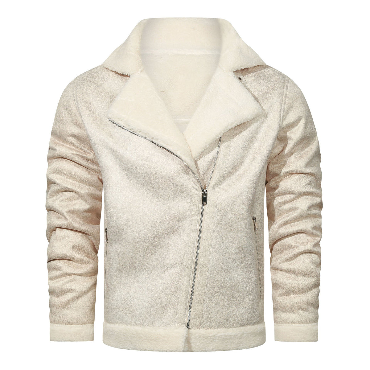 Men’s Plush-Lined Leather Biker Jacket – Warm Asymmetric Layer for Winter Wear