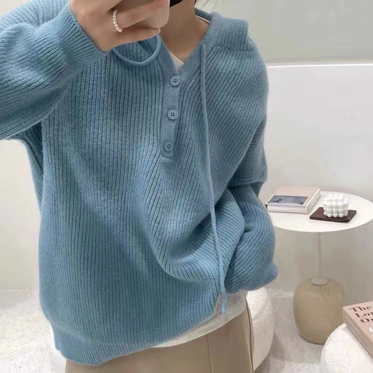 Women’s Hooded Rib-Knit Sweater – Relaxed Button-Neck Pullover for Cosy Everyday Layering