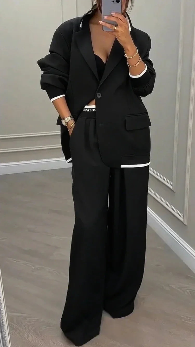 Women’s Oversized Blazer Trouser Set – Relaxed Single-Breasted Jacket with Wide-Leg Tailored Trousers