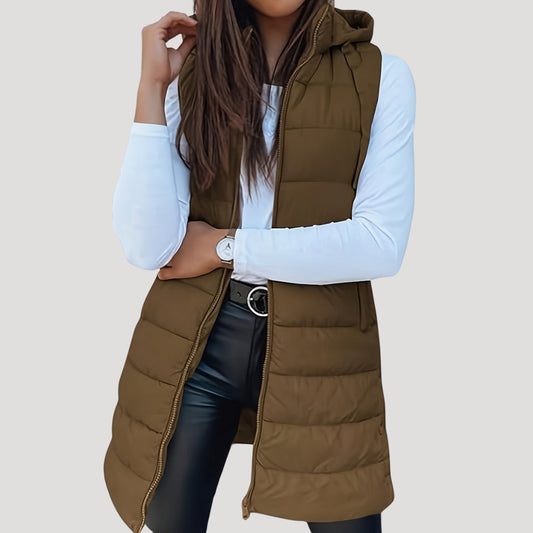 Women’s Quilted Hooded Gilet – Longline Zip-Up Winter Layer for Casual Everyday Wear