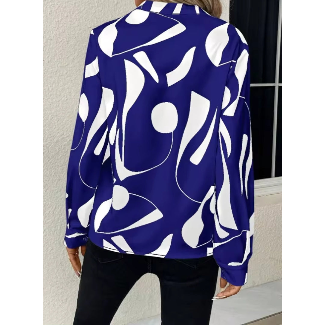 Women’s Abstract Print V-Neck Blouse – Relaxed Long-Sleeve Style for Smart Casual Wear