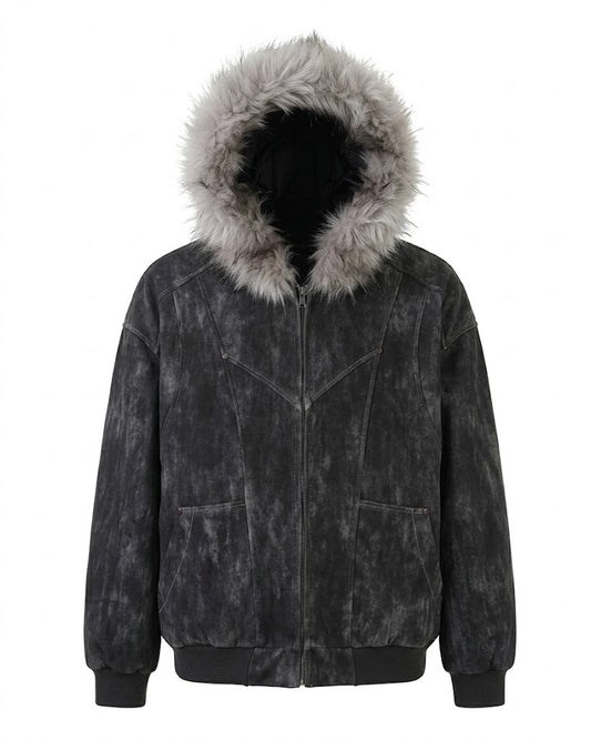 Men’s Fur-Trimmed Hooded Bomber Jacket – Oversized Zip-Up Winter Coat with Utility Pockets