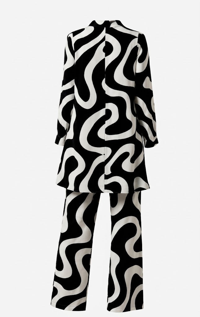 Women’s Printed Trouser Co-Ord Set – Relaxed Longline Button-Up Blouse with Elasticated Wide-Leg Trousers for Holidays and Weekend Wear