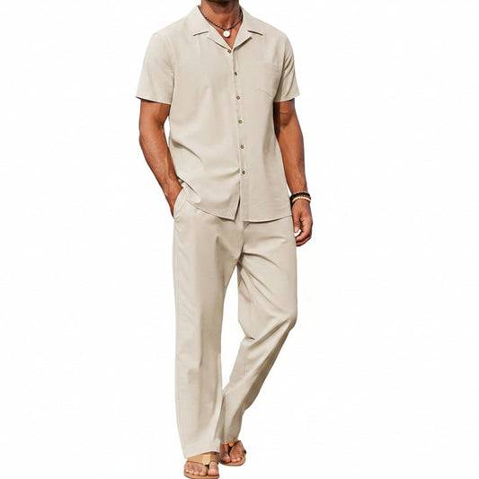 Men’s Short-Sleeve Linen Outfit Set – Relaxed Shirt and Trousers for Summer Wear