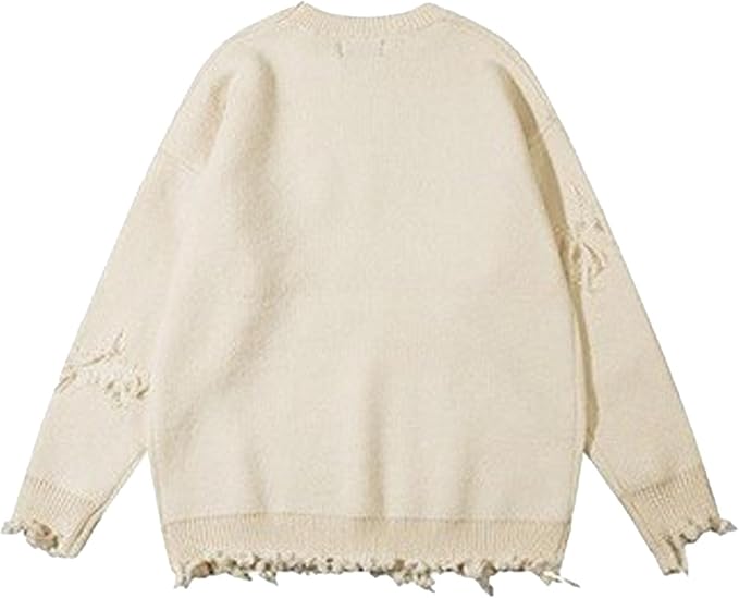 Women’s Distressed Embroidered Knit Sweater – Oversized Pullover with Frayed Details