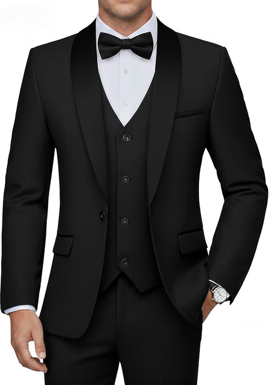 Men’s Shawl-Lapel Three-Piece Tuxedo – Slim Formal Set for Weddings and Evening Events