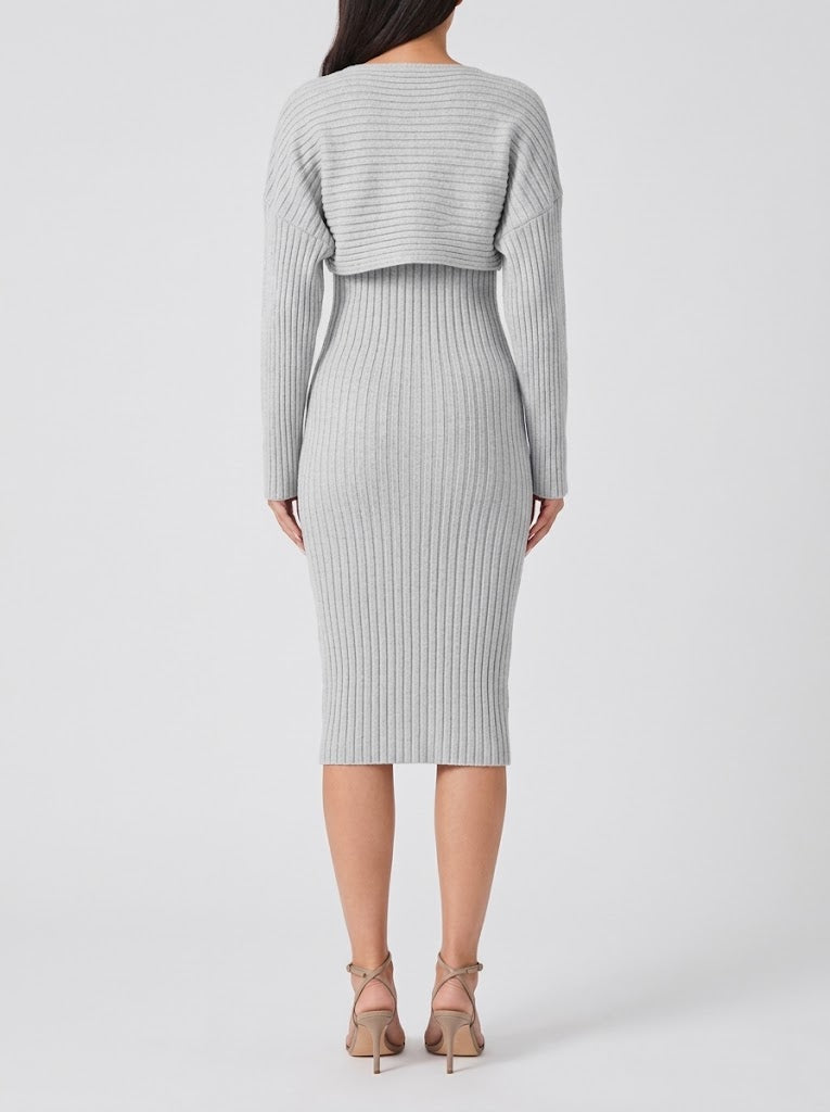Women’s Ribbed Midi Skirt Co-Ord Set – Cropped Relaxed Long-Sleeve Top with Fitted Skirt for Work and City Wear