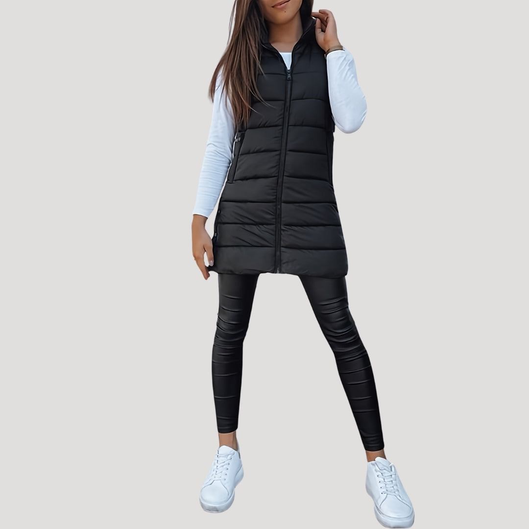 Women’s Long Quilted Gilet – Hooded with Press-Stud Front