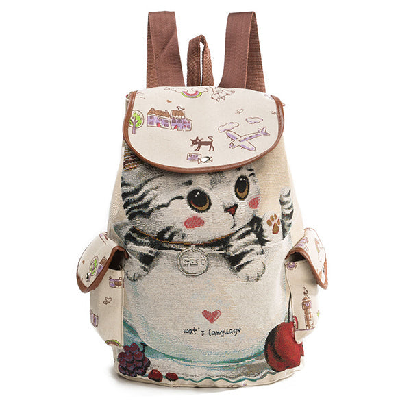 Children’s Cartoon Cat Canvas Backpack – Drawstring School Bag with Flap Closure and Side Pockets