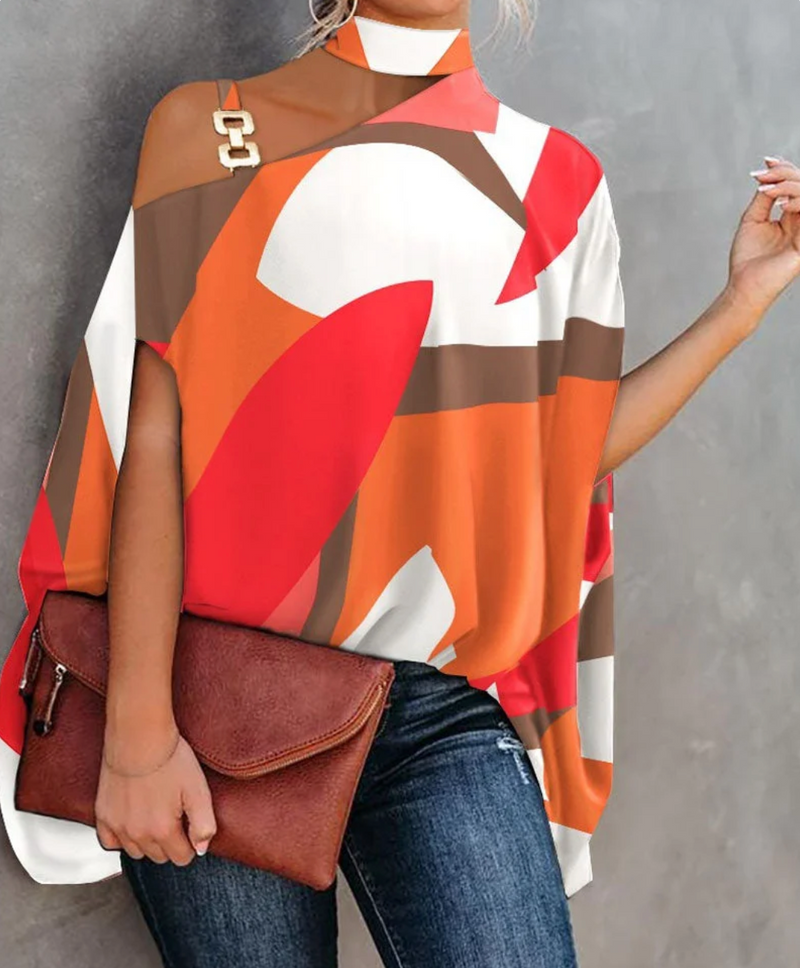 Women’s Asymmetric Choker Top – Printed Draped Blouse for Parties and City Wear