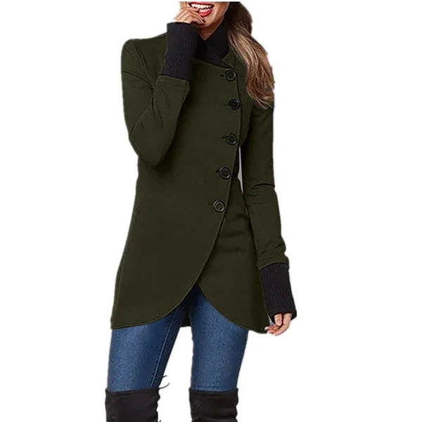 Women’s Asymmetric Button-Front Coat – Tailored Longline Winter Jacket with High Collar and Ribbed Cuffs