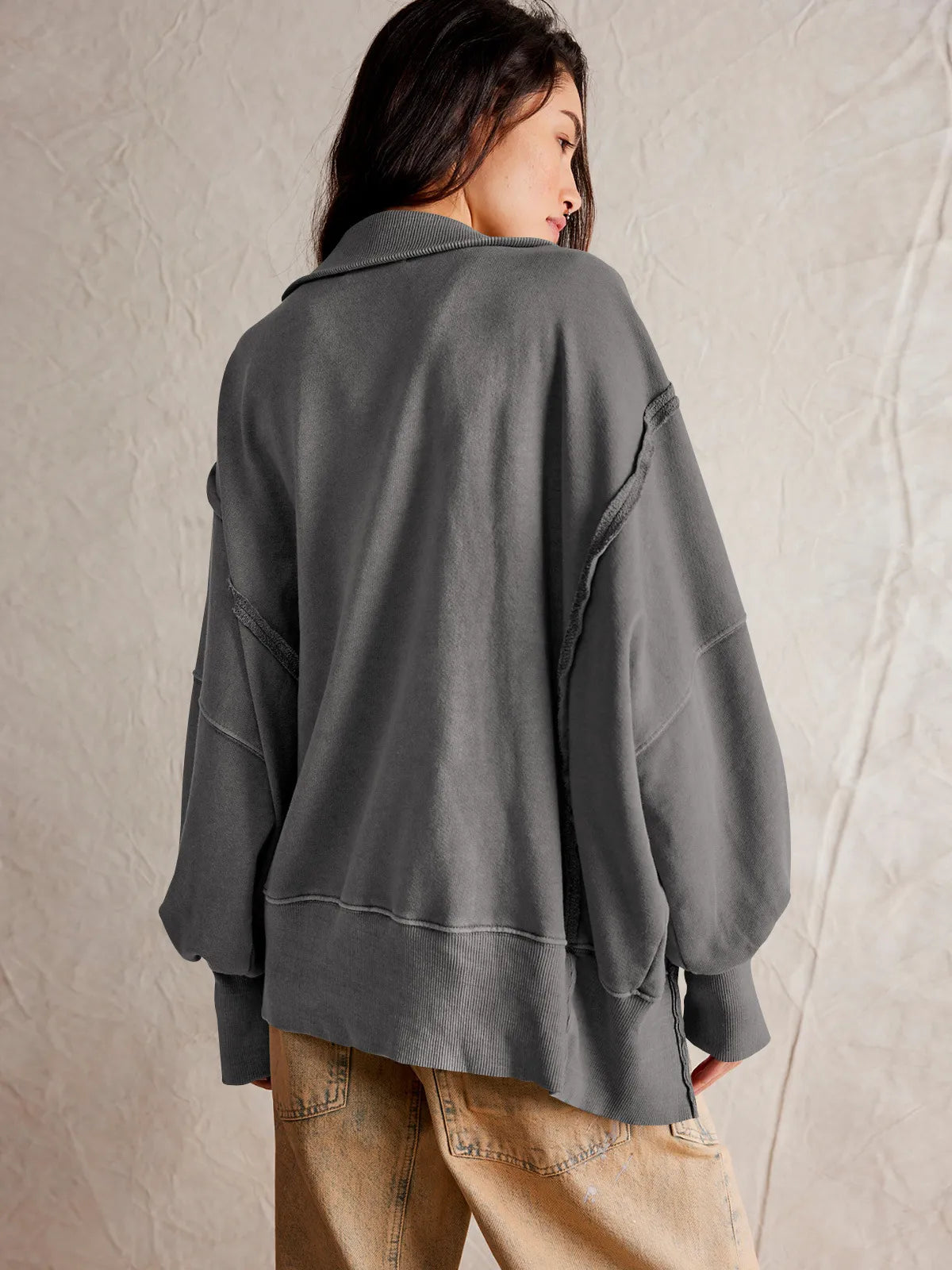 Women’s Oversized Henley Sweatshirt – Exposed-Seam Pullover with Balloon Sleeves